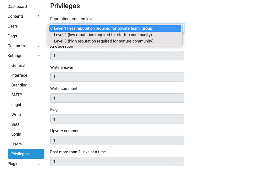 Privileges Settings for Admin in Answer